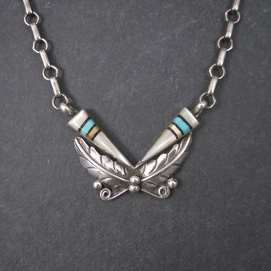Vintage Southwestern Sterling Turquoise Inlay Feather Necklace