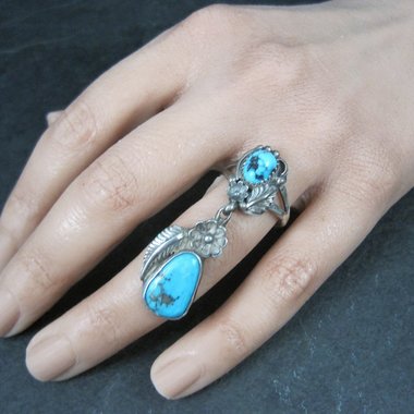 Unusual Southwestern Sterling Turquoise Charm Ring Size 7