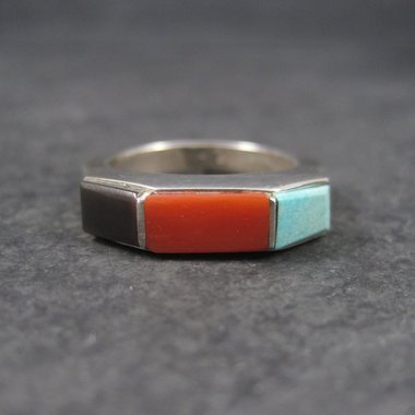 Vintage Sterling Navajo Turquoise Coral Onyx Ring Size 6
