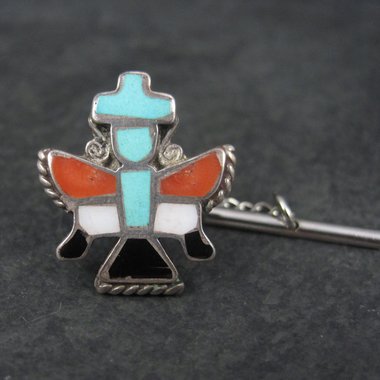 Vintage Sterling Turquoise Coral Inlay Knifewing Tie Tack