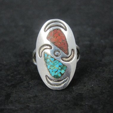 Southwestern Sterling Crushed Turquoise Coral Ring Size 7.5