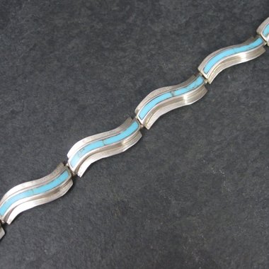 Estate Southwestern Sterling Turquoise Inlay Toggle Bracelet