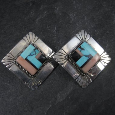 Vintage Southwestern Sterling Inlay Clip On Earrings