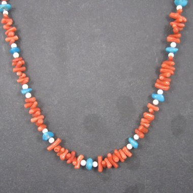 Vintage Chinese Export Coral Turquoise Necklace 30 Inches