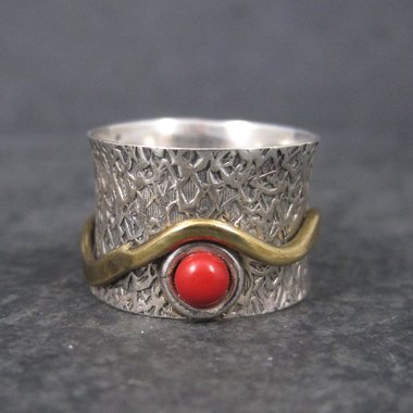 Vintage 90s Sterling Red Glass Fidget Spinner Worry Ring Size 6