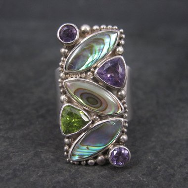 Vintage Sajen Sterling Abalone Amethyst Peridot Ring Size 7