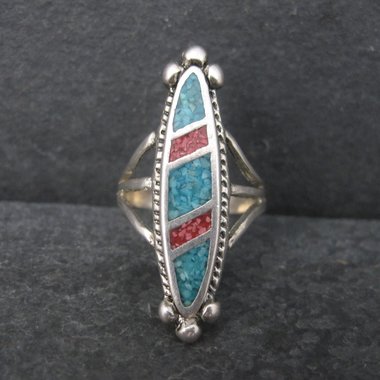 Vintage Sterling Crushed Turquoise Coral Inlay Ring Size 5