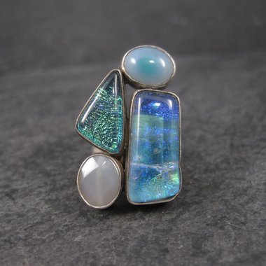 Estate Sterling Dichroic Glass and Quartz Ring Size 7