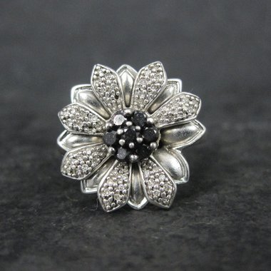 Estate Sterling Black & White Diamond Flower Ring Size 7