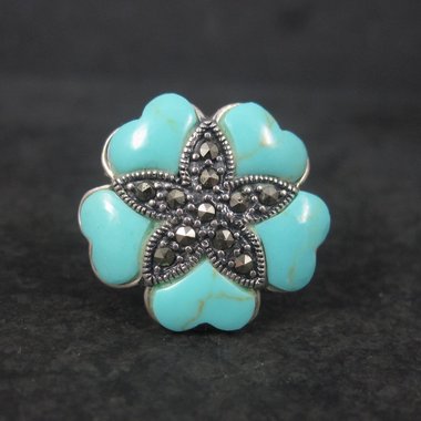 Vintage 90s Faux Turquoise Marcasite Flower Ring Sterling Size 7