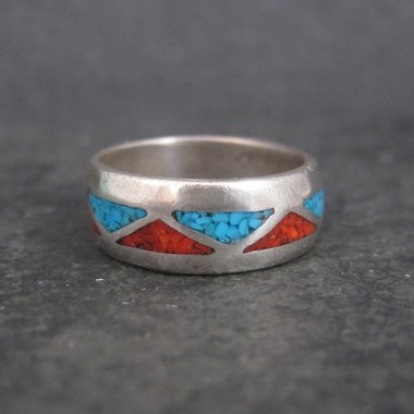 Southwestern Sterling Coral Turquoise Inlay Ring Size 8