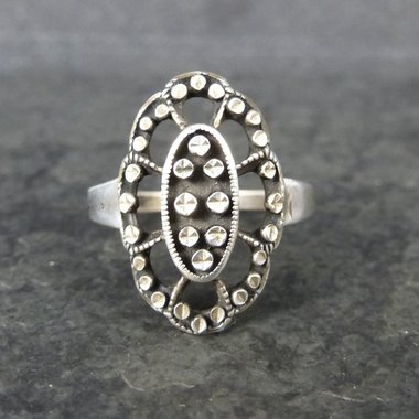 Unusual Vintage Sterling Diamond Cut Ring Size 6.5