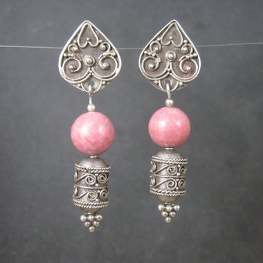 Long Vintage Sterling Rhodochrosite Earrings