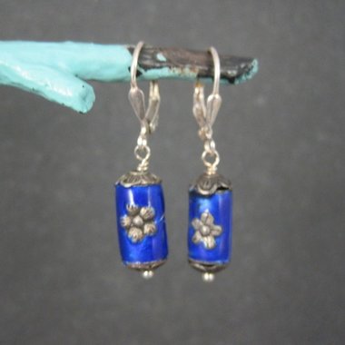 Vintage Sterling Blue Enamel Flower Earrings Lever Back