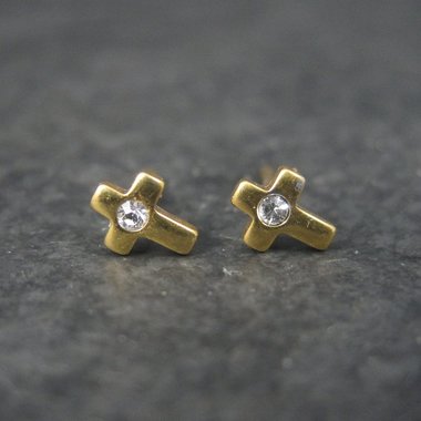 Vintage 24K Plated Crystal Cross Piercing Earrings