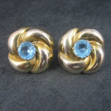 Antique Gold Filled Blue Rhinestone Flower Earrings Screw Backs