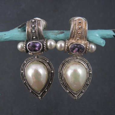 Large Sterling Amethyst Faux Pearl Clip On Earrings