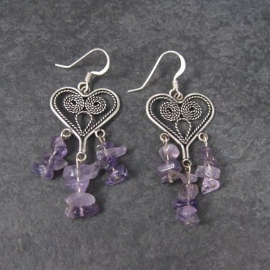 Vintage 90s Sterling Amethyst Heart Earrings