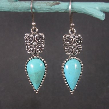 Long Vintage Sterling Balinese Turquoise Earrings