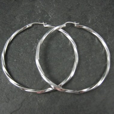 Estate Sterling Latch Back Hoop Earrings 2 Inches