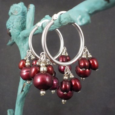 Vintage Sterling Red Pearl Hoop Earrings