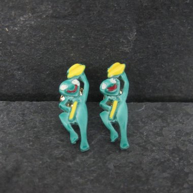 Vintage Gold Filled Enamel Dancing Frog Earrings