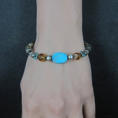 Vintage Sterling Turquoise Crystal Toggle Bracelet 7.5 Inches
