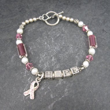 Vintage Sterling Breast Cancer Pink Awareness Ribbon Bracelet 8 Inches