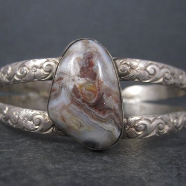 Vintage Sterling Floral Agate Cuff Bracelet 7 Inches