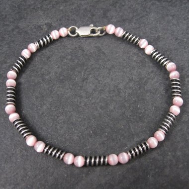 Estate Handmade Sterling Pink Cats Eye Bracelet 8 Inches