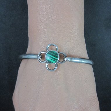 Vintage Mexican Sterling Malachite Bangle Bracelet 7.5 Inches