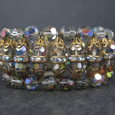 Wide Vintage Smoky Aurora Borealis Rhinestone Bracelet 7.5 Inches