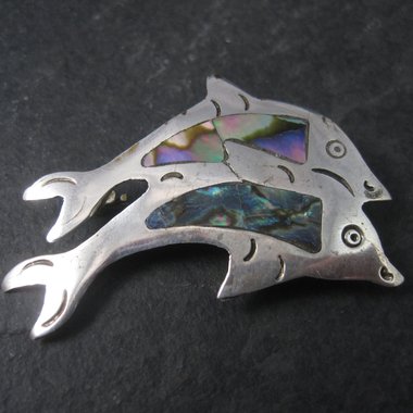 Vintage Alpaca Mexico Abalone Dolphin Brooch