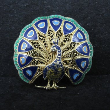 Vintage Gold Gilt Silver Enamel Peacock Brooch NOS