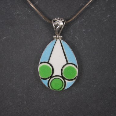 Vintage Sterling Blue Green Geometric Pottery Pendant Necklace