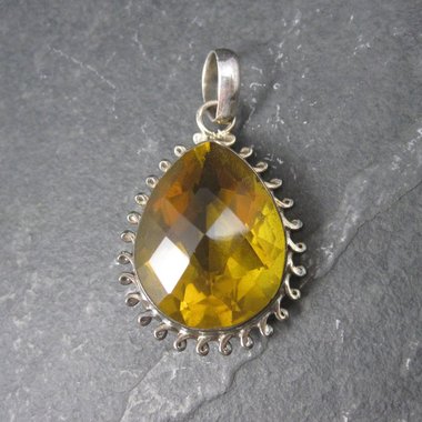 Large 90s Sterling Faceted Yellow Glass Pendant