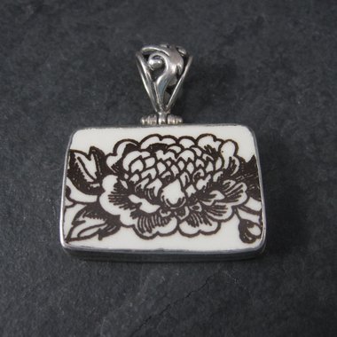 Vintage Sterling Floral Pottery Pendant Necklace