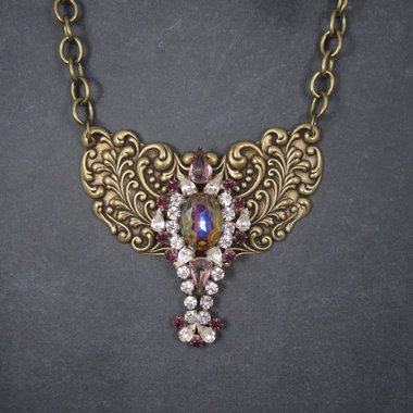 Vintage Brass Rhinestone Runway Bib Necklace