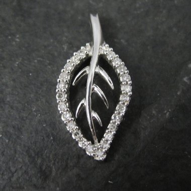 Vintage 10K White Gold Leaf Pendant | Diamond Accent Nature Jewelry