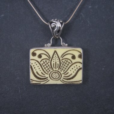 Vintage Sterling Floral Pottery Pendant Necklace