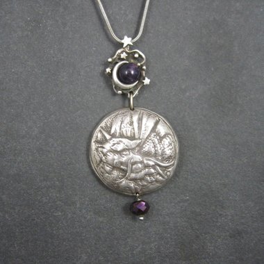 Heavy Sterling Amethyst Dragon Moon Pendant Necklace