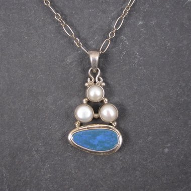 Vintage Sterling Pearl Blue Opal Pendant