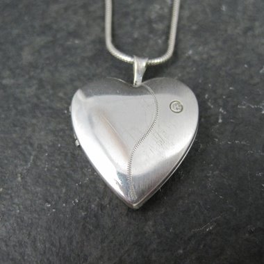 Vintage Sterling Diamond Heart Locket Pendant Necklace