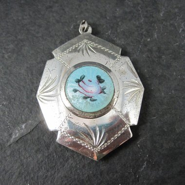 Vintage Sterling Blue Guilloche Enamel Rose Locket Pendant