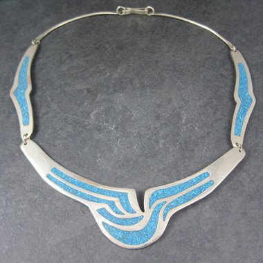 Vintage Mexican Alpaca Inlay Necklace