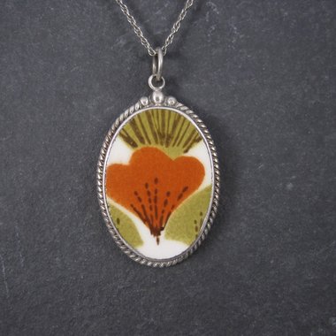 Vintage Sterling 70s Floral Pottery Pendant Necklace