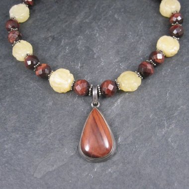 Vintage Sterling Red Tigers Eye Quartz Oriental Necklace