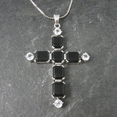 Estate Sterling Black White Topaz Cross Pendant Necklace