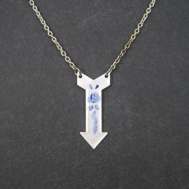 Vintage Blue White Guilloche Rose Arrow Pendant Necklace New Old Stock