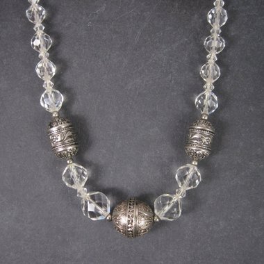 Vintage Sterling Czech Glass Faceted Bead Necklace